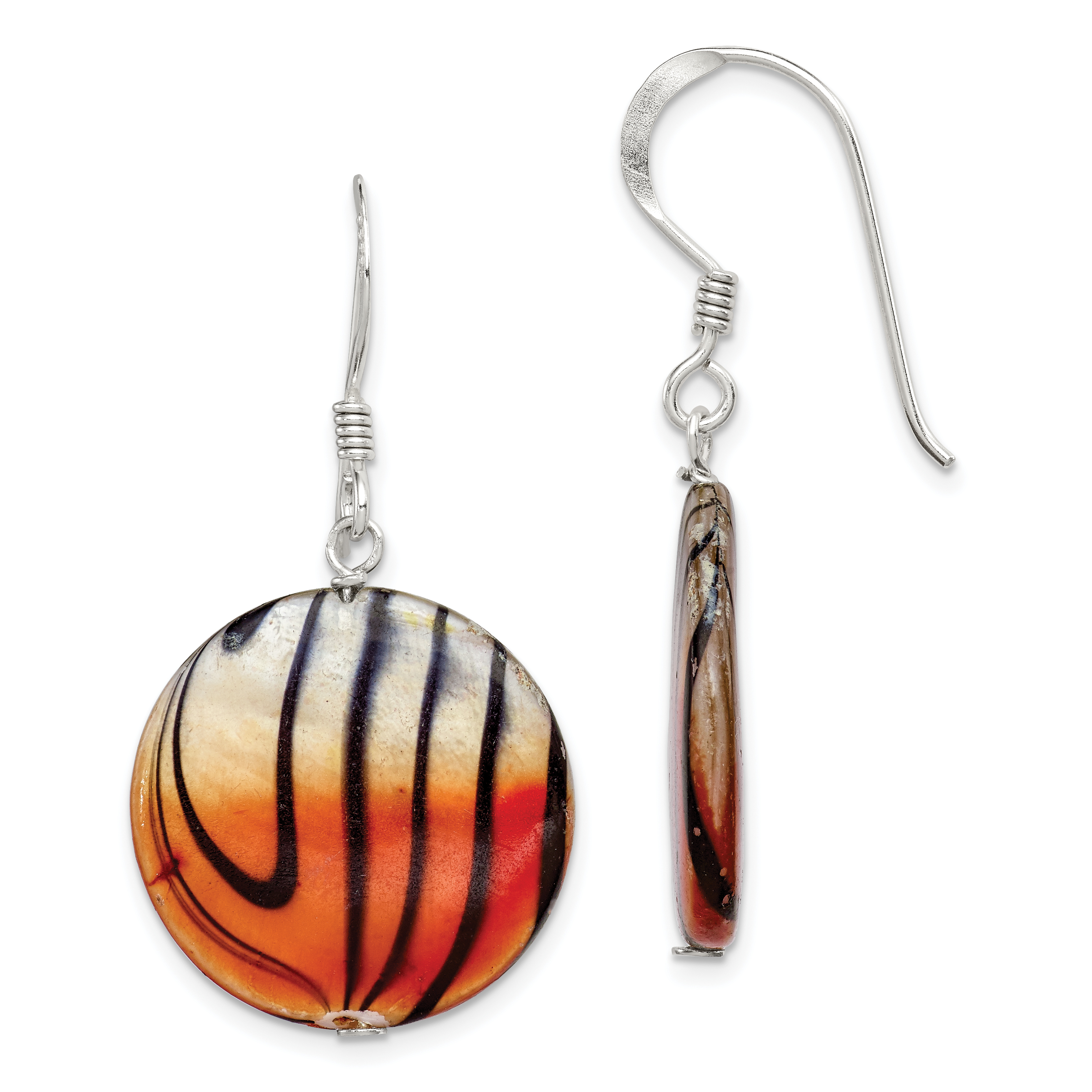 Sterling Silver Polished Orange/Black Mother of Pearl Disc Dangle Earrings (QE7623)