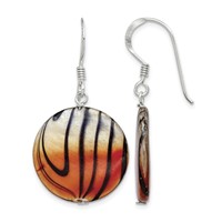 Sterling Silver Polished Orange Black Mother of Pearl Disc Dangle Earrings view 1