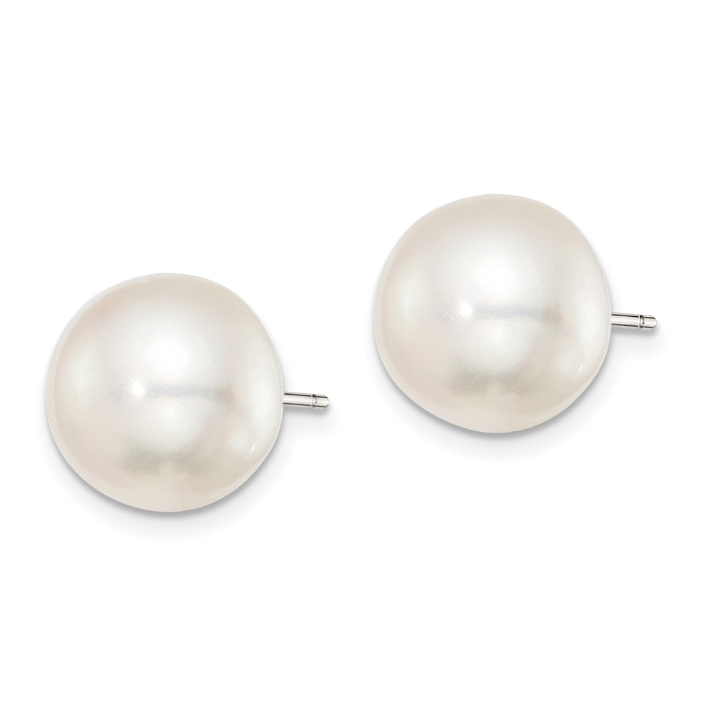 Sterling Silver Rhodium-plated 11-12mm White Button Freshwater Cultured Pearl Post Earrings (QE7645)