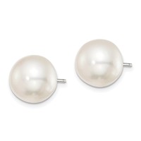Sterling Silver Rhodium-plated 11-12mm White Button Freshwater Cultured Pearl Post Earrings view 2