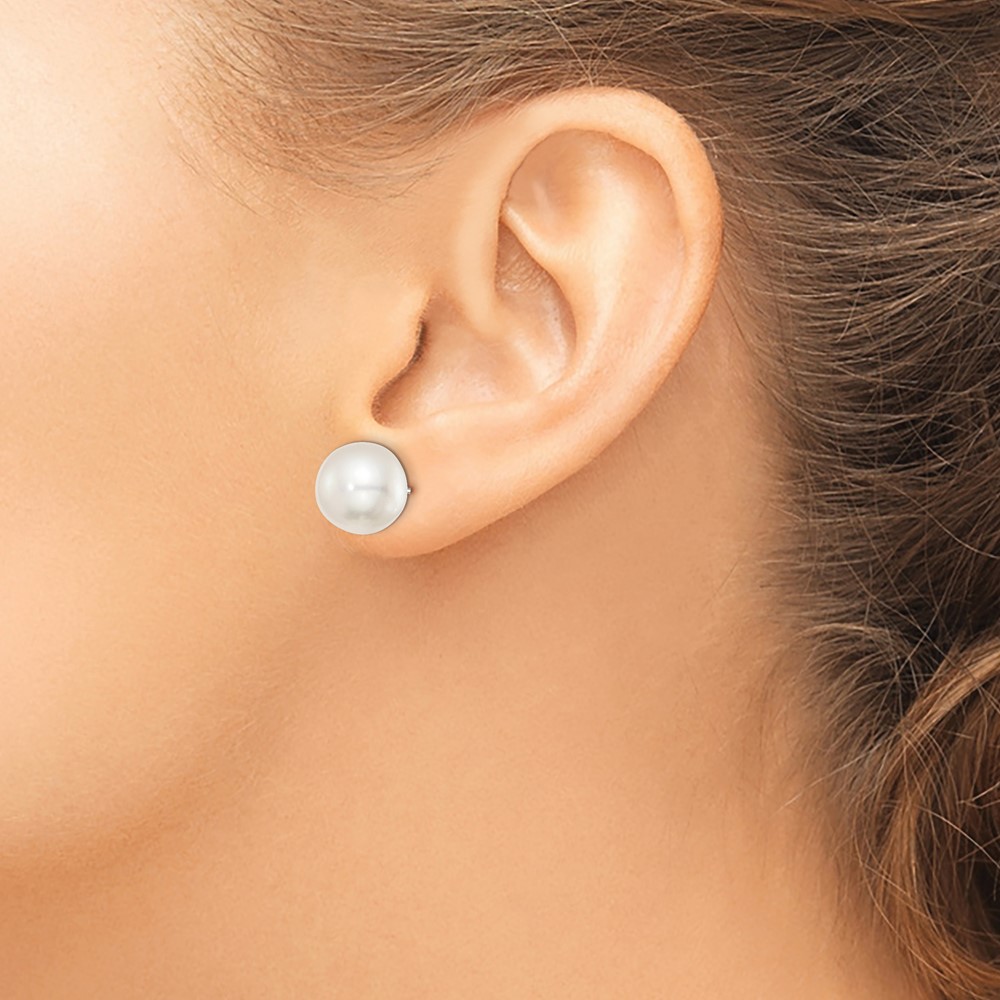 Sterling Silver Rhodium-plated 11-12mm White Button Freshwater Cultured Pearl Post Earrings (QE7645)