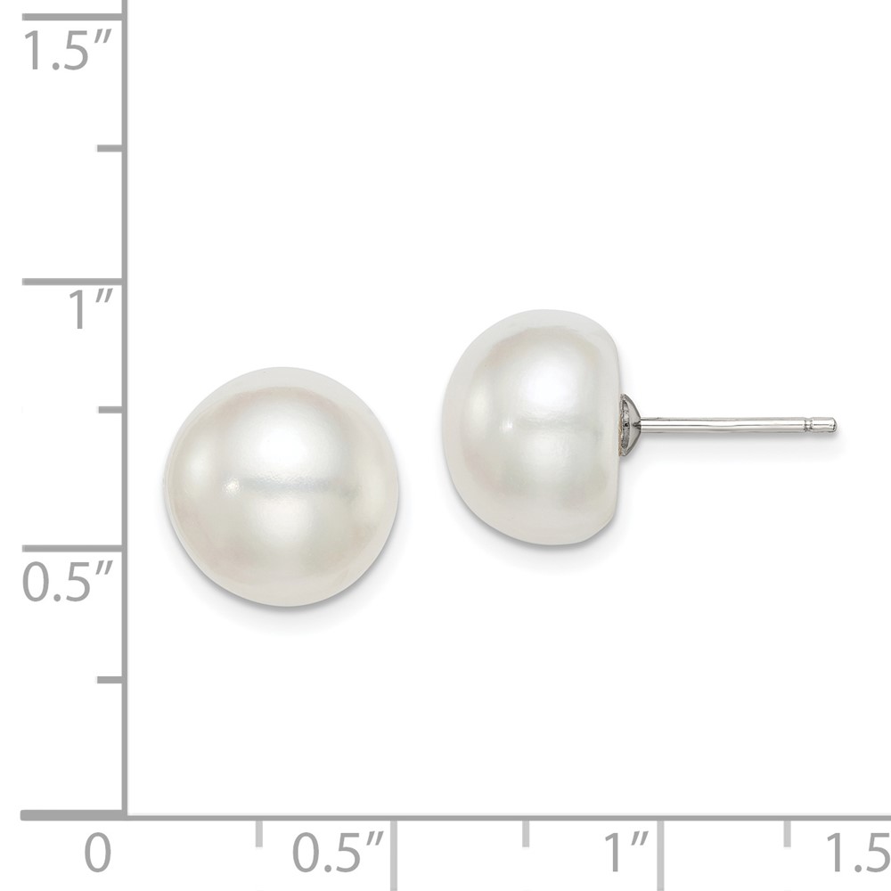 Sterling Silver Rhodium-plated 11-12mm White Button Freshwater Cultured Pearl Post Earrings (QE7645)