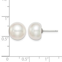 Sterling Silver Rhodium-plated 11-12mm White Button Freshwater Cultured Pearl Post Earrings view 4