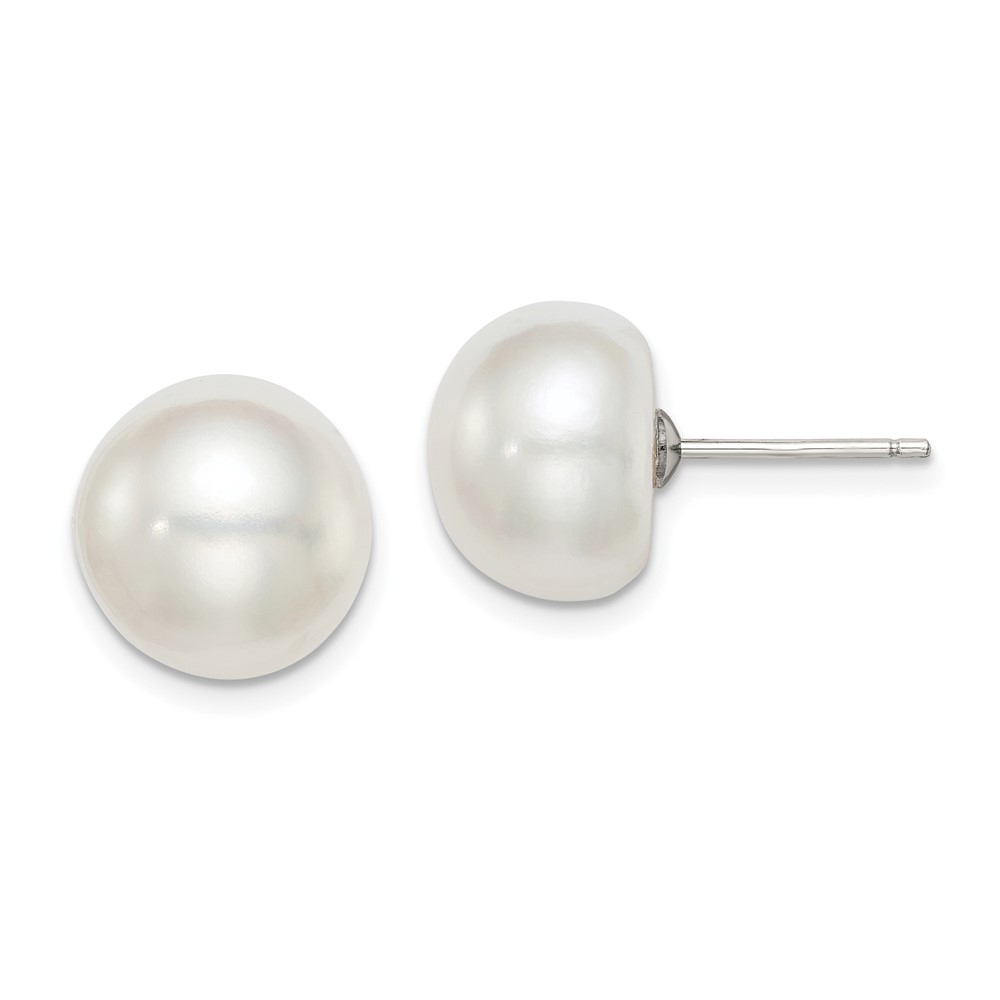 Sterling Silver Rhodium-plated 11-12mm White Button Freshwater Cultured Pearl Post Earrings (QE7645)