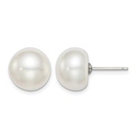 Sterling Silver Rhodium-plated 11-12mm White Button Freshwater Cultured Pearl Post Earrings view 1