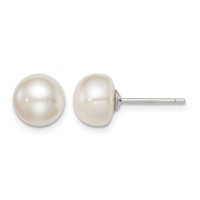 Sterling Silver Rhodium-plated 8-9mm White Button Freshwater Cultured Pearl Post Earrings view 1
