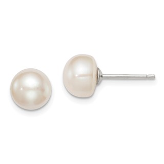Sterling Silver Rhodium-plated 8-9mm White Button Freshwater Cultured Pearl Post Earrings