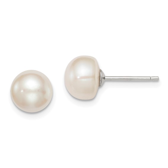 Sterling Silver Rhodium-plated 8-9mm White Button Freshwater Cultured Pearl Post Earrings