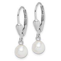 Sterling Silver Rhodium-plated 6-7mm White Round Freshwater Cultured Pearl Leverback Dangle Earrings view 2