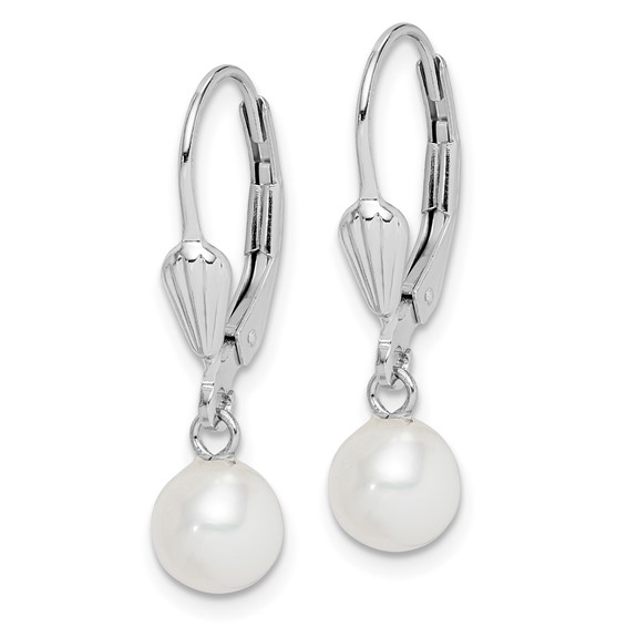 Sterling Silver Rhodium-plated 6-7mm White Round Freshwater Cultured Pearl Leverback Dangle Earrings