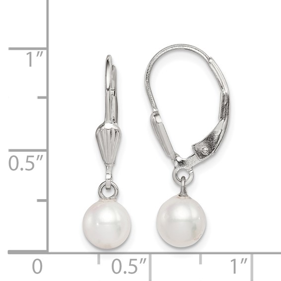 Sterling Silver Rhodium-plated 6-7mm White Round Freshwater Cultured Pearl Leverback Dangle Earrings