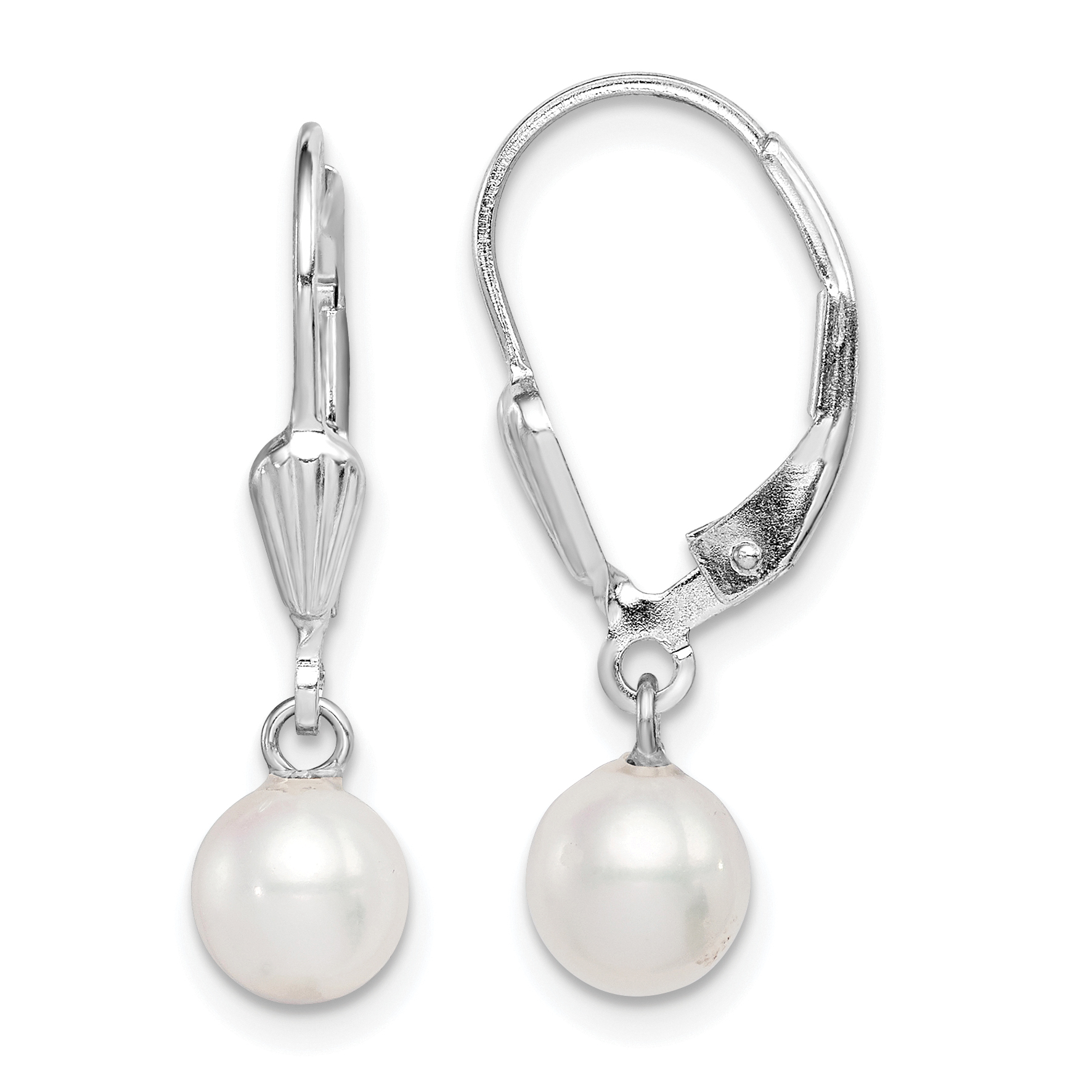 Sterling Silver Rhodium-plated 6-7mm White Round Freshwater Cultured Pearl Leverback Dangle Earrings (QE7650)