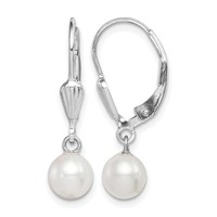 Sterling Silver Rhodium-plated 6-7mm White Round Freshwater Cultured Pearl Leverback Dangle Earrings view 1