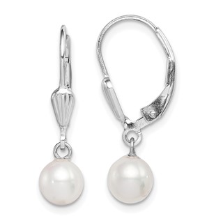 Sterling Silver Rhodium-plated 6-7mm White Round Freshwater Cultured Pearl Leverback Dangle Earrings