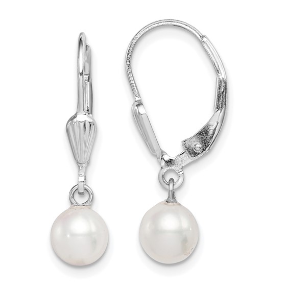Sterling Silver Rhodium-plated 6-7mm White Round Freshwater Cultured Pearl Leverback Dangle Earrings