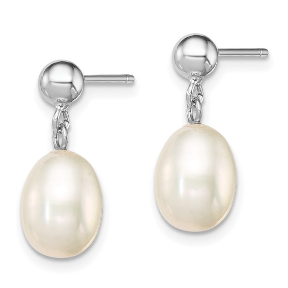 Sterling Silver Rhodium-plated 7-8mm White Rice Freshwater Cultured Pearl Post Dangle Earrings