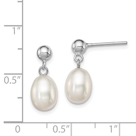Sterling Silver Rhodium-plated 7-8mm White Rice Freshwater Cultured Pearl Post Dangle Earrings