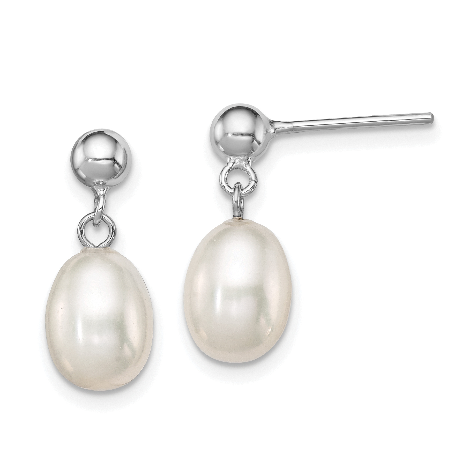 Sterling Silver Rhodium-plated 7-8mm White Rice Freshwater Cultured Pearl Post Dangle Earrings (QE7652)