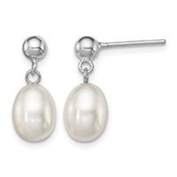Sterling Silver Rhodium-plated 7-8mm White Rice Freshwater Cultured Pearl Post Dangle Earrings view 1