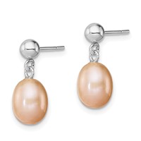 Sterling Silver Rhodium-plated 7-8mm Pink Teardrop Freshwater Cultured Pearl Post Dangle Earrings view 2