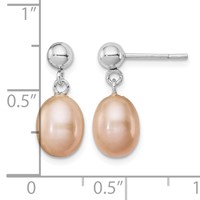 Sterling Silver Rhodium-plated 7-8mm Pink Teardrop Freshwater Cultured Pearl Post Dangle Earrings view 4