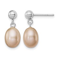 Sterling Silver Rhodium-plated 7-8mm Pink Teardrop Freshwater Cultured Pearl Post Dangle Earrings view 1