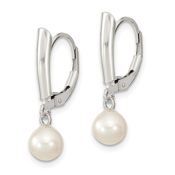 Sterling Silver Rhodium-plated 6-7mm White Round Freshwater Cultured Pearl Leverback Dangle Earrings