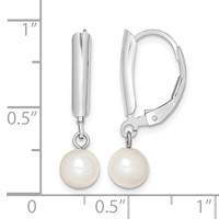 Sterling Silver Rhodium-plated 6-7mm White Round Freshwater Cultured Pearl Leverback Dangle Earrings view 4