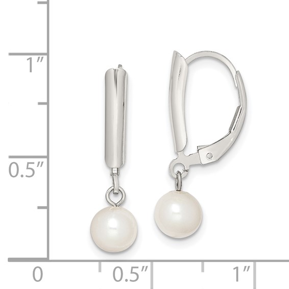 Sterling Silver Rhodium-plated 6-7mm White Round Freshwater Cultured Pearl Leverback Dangle Earrings