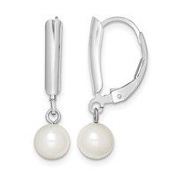 Sterling Silver Rhodium-plated 6-7mm White Round Freshwater Cultured Pearl Leverback Dangle Earrings view 1