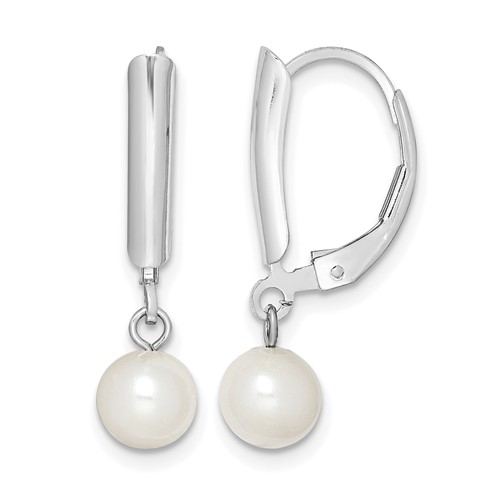 Sterling Silver Rhodium-plated 6-7mm White Round Freshwater Cultured Pearl Leverback Dangle Earrings