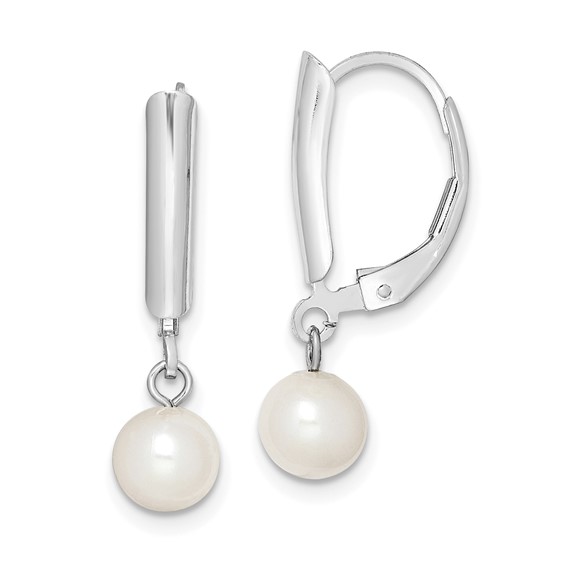 Sterling Silver Rhodium-plated 6-7mm White Round Freshwater Cultured Pearl Leverback Dangle Earrings