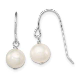 Sterling Silver Rhodium-plated 7-8mm White Semi-Round Freshwater Cultured Pearl Dangle Earrings