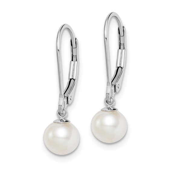Sterling Silver Rhodium-plated 6-7mm White Round Freshwater Cultured Pearl Leverback Dangle Earrings