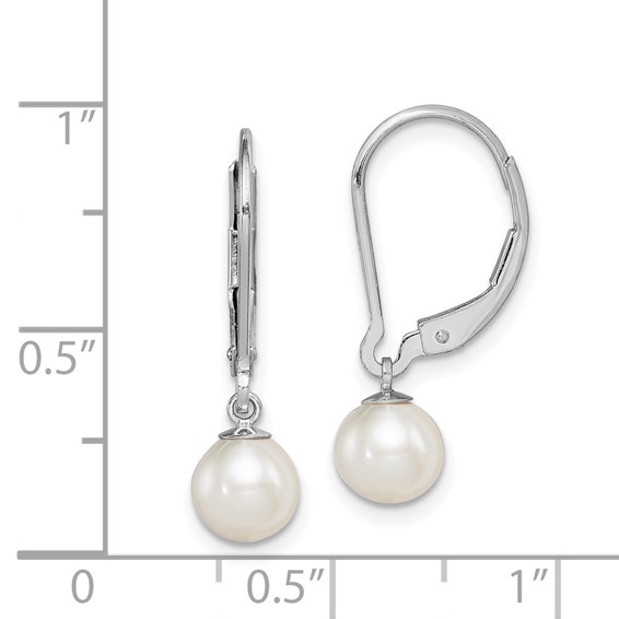 Sterling Silver Rhodium-plated 6-7mm White Round Freshwater Cultured Pearl Leverback Dangle Earrings