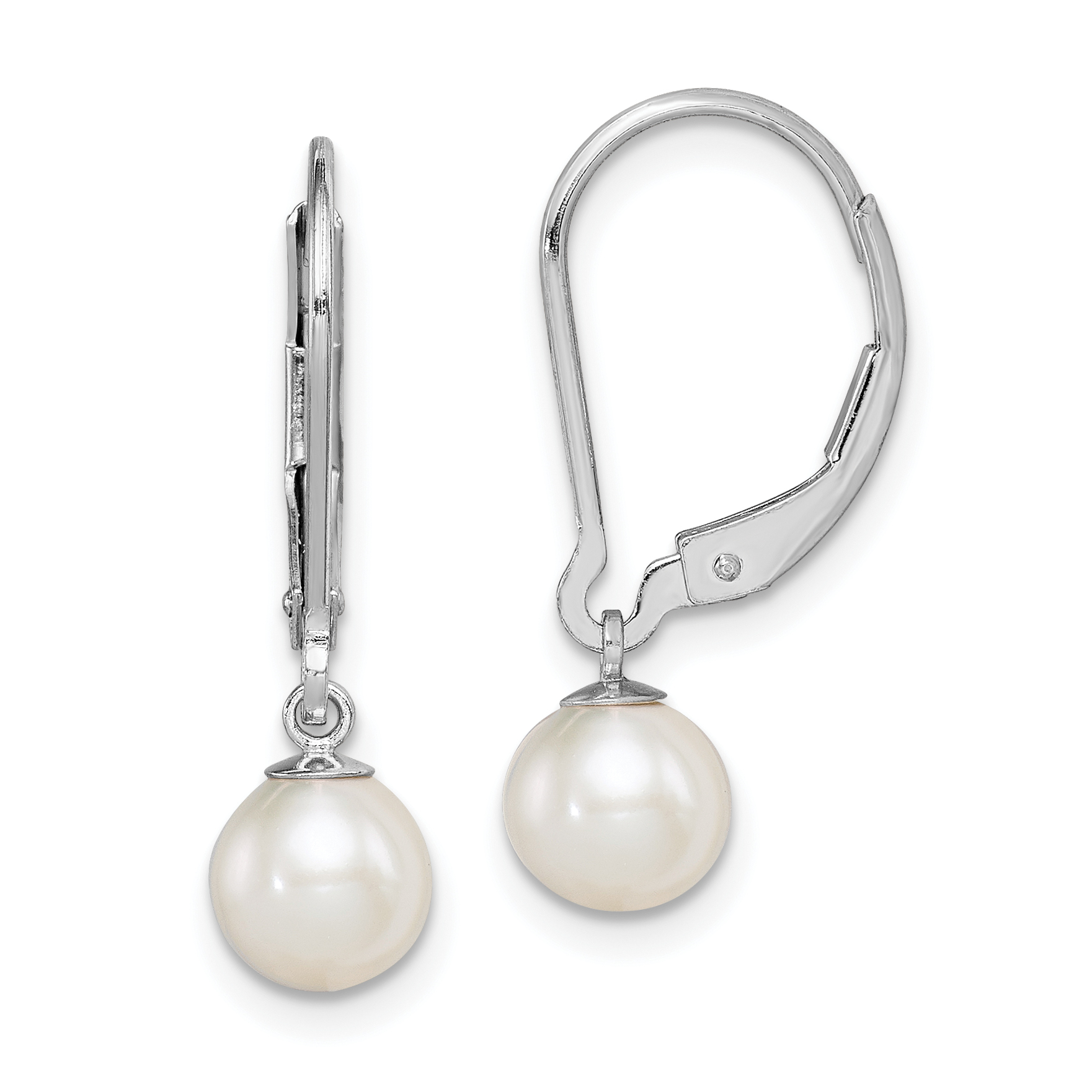Sterling Silver Rhodium-plated 6-7mm White Round Freshwater Cultured Pearl Leverback Dangle Earrings (QE7657)