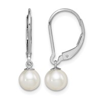 Sterling Silver Rhodium-plated 6-7mm White Round Freshwater Cultured Pearl Leverback Dangle Earrings view 1