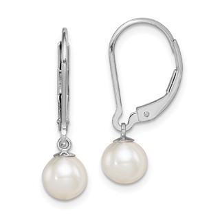 Sterling Silver Rhodium-plated 6-7mm White Round Freshwater Cultured Pearl Leverback Dangle Earrings