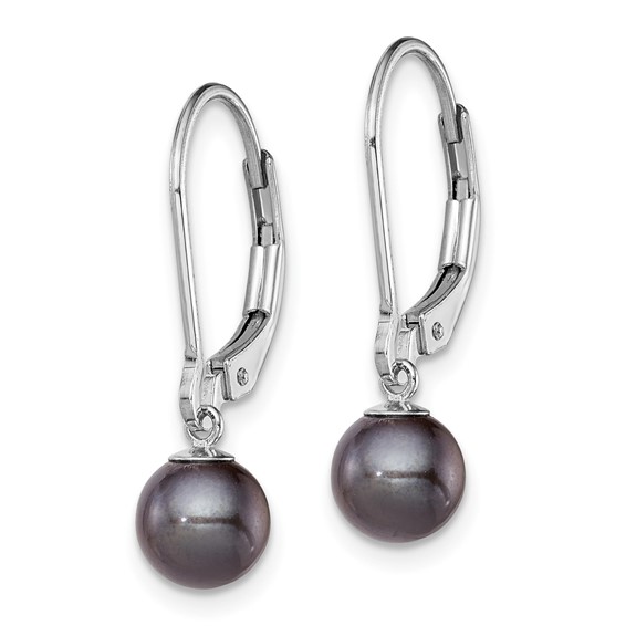 Sterling Silver Rhodium-plated 6-7mm Black Round Freshwater Cultured Pearl Leverback Dangle Earrings
