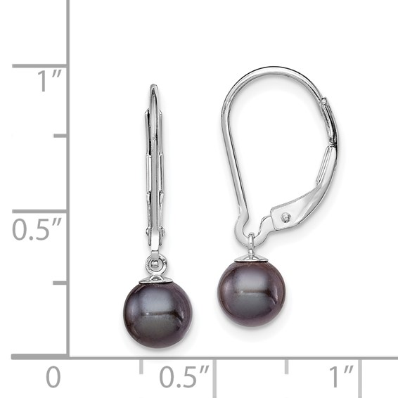 Sterling Silver Rhodium-plated 6-7mm Black Round Freshwater Cultured Pearl Leverback Dangle Earrings