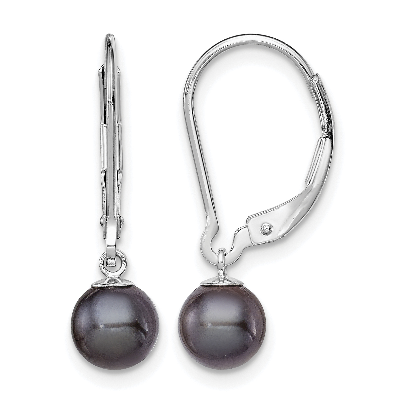 Sterling Silver Rhodium-plated 6-7mm Black Round Freshwater Cultured Pearl Leverback Dangle Earrings (QE7659)