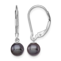 Sterling Silver Rhodium-plated 6-7mm Black Round Freshwater Cultured Pearl Leverback Dangle Earrings view 1