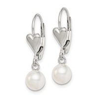 Sterling Silver Rhodium-plated 6-7mm White Round Freshwater Cultured Pearl Heart Leverback Dangle Earrings view 2