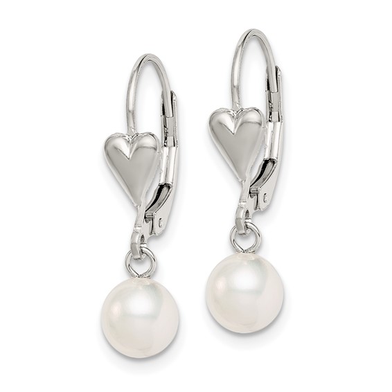Sterling Silver Rhodium-plated 6-7mm White Round Freshwater Cultured Pearl Heart Leverback Dangle Earrings