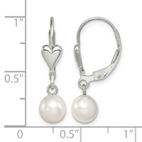 Sterling Silver Rhodium-plated 6-7mm White Round Freshwater Cultured Pearl Heart Leverback Dangle Earrings view 4