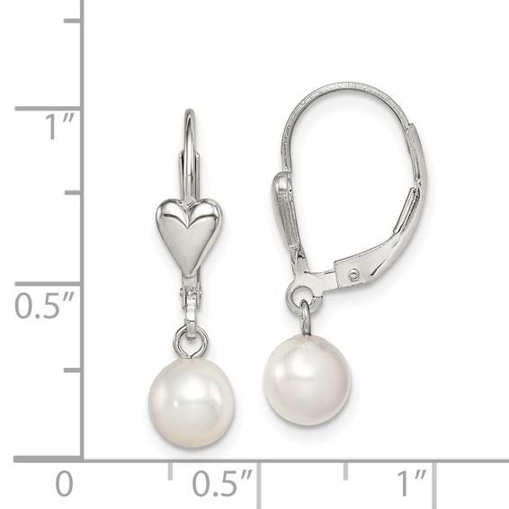 Sterling Silver Rhodium-plated 6-7mm White Round Freshwater Cultured Pearl Heart Leverback Dangle Earrings