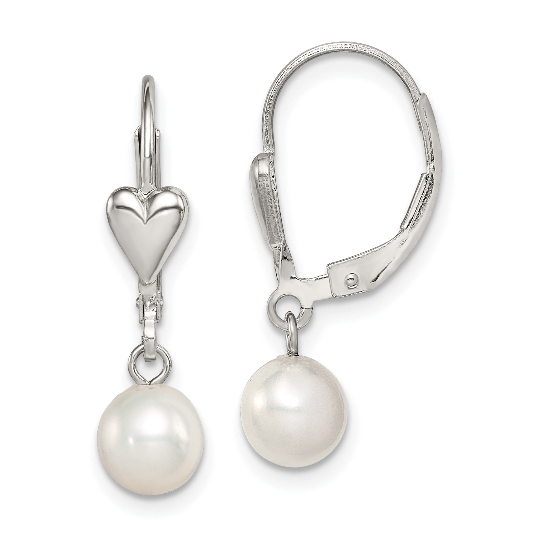 Sterling Silver Rhodium-plated 6-7mm White Round Freshwater Cultured Pearl Heart Leverback Dangle Earrings (QE7661)