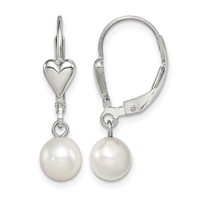 Sterling Silver Rhodium-plated 6-7mm White Round Freshwater Cultured Pearl Heart Leverback Dangle Earrings view 1