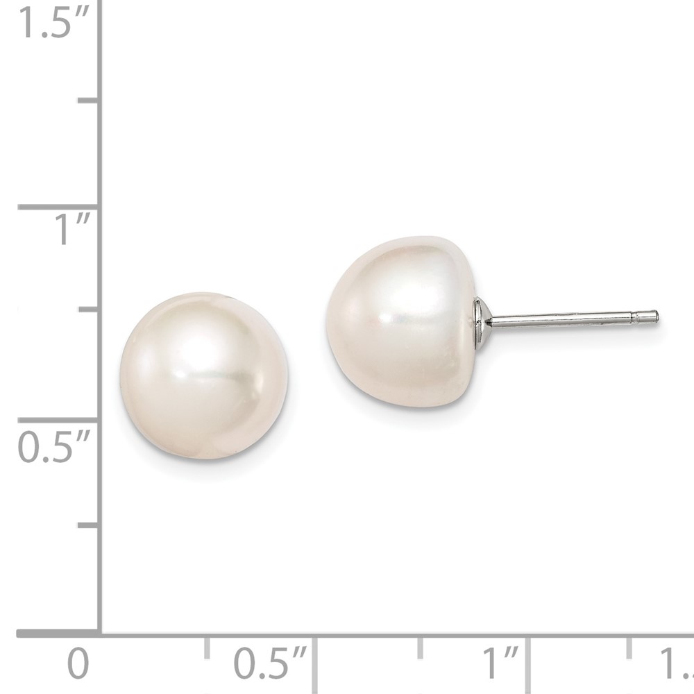 Sterling Silver Rhodium-plated 10-11mm White Button Freshwater Cultured Pearl Post Earrings (QE7665)