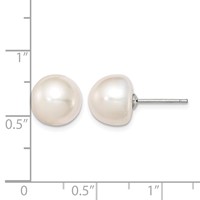 Sterling Silver Rhodium-plated 10-11mm White Button Freshwater Cultured Pearl Post Earrings view 4